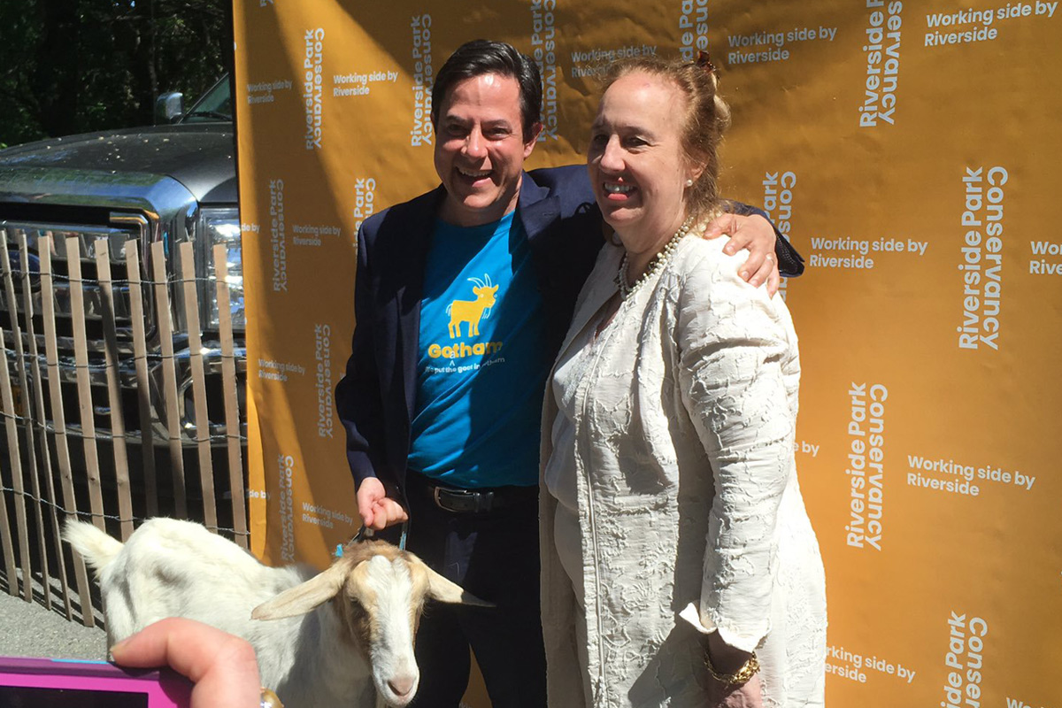 Goats in Riverside Park with Gale Brewer and Dan Garodnick